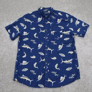 Eddie Bauer Shirt Mens TXL XL-Tall Blue Fish Print Classic Fit S/S Button Down